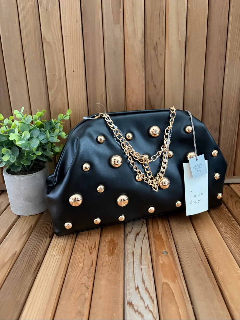 A New Day Black Gold Studded Chain-Handle Shoulder Bag, NWT